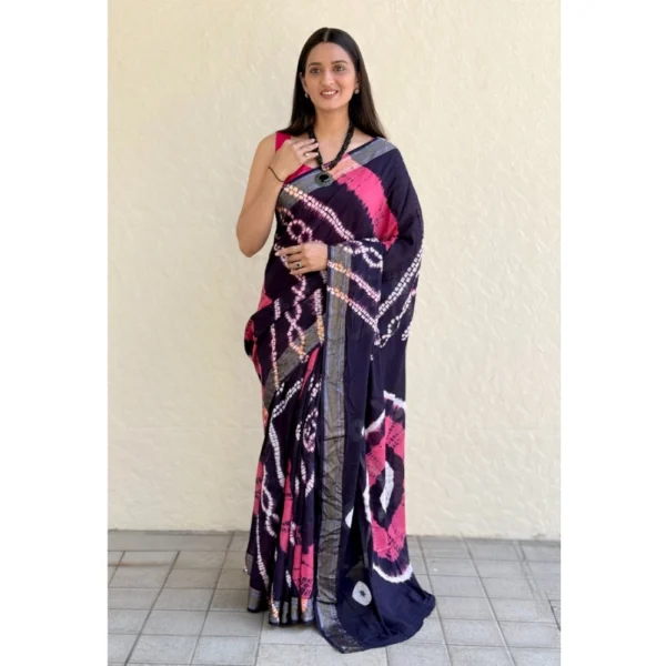 Women's Cotton Shibori Printed Saree With Unstitched Blouse 5.5Mtr (Blue) - Image 4