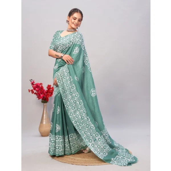 Women's Chanderi Cotton Batik Printed Saree With Unstitched Blouse 5.5Mtr (Pista) - Image 4