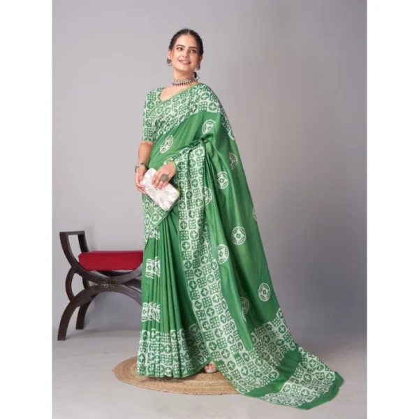 Women's Chanderi Cotton Batik Printed Saree With Unstitched Blouse 5.5Mtr (Green) - Image 4