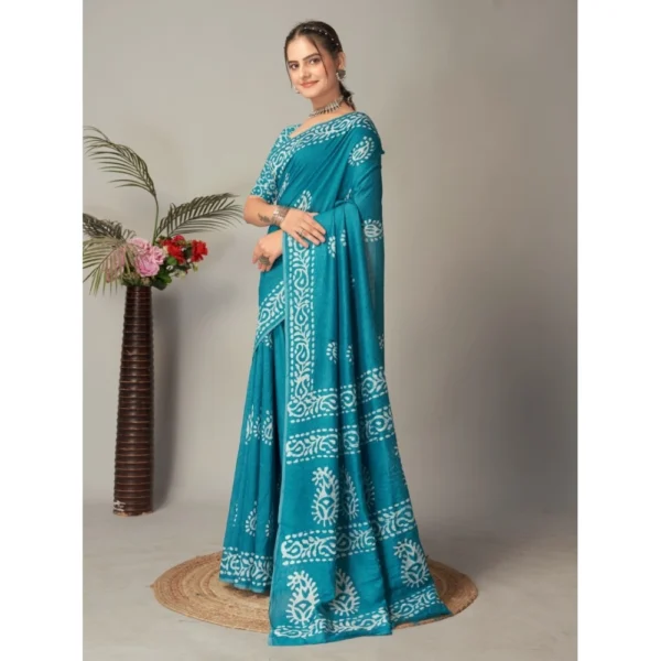 Women's Chanderi Cotton Batik Printed Saree With Unstitched Blouse 5.5Mtr (Sky Blue) - Image 2