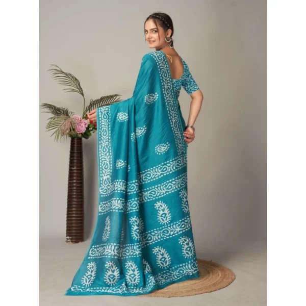 Women's Chanderi Cotton Batik Printed Saree With Unstitched Blouse 5.5Mtr (Sky Blue) - Image 4