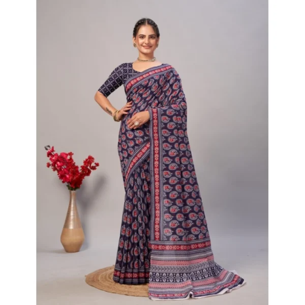 Women's Cotton Ajrakh Printed Saree With Unstitched Blouse 5.5Mtr (Navy Blue)