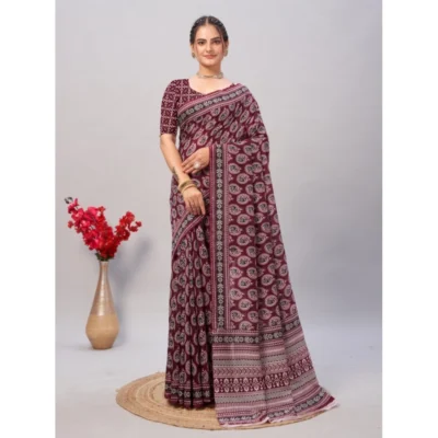 Women's Cotton Ajrakh Printed Saree With Unstitched Blouse 5.5Mtr (Wine)