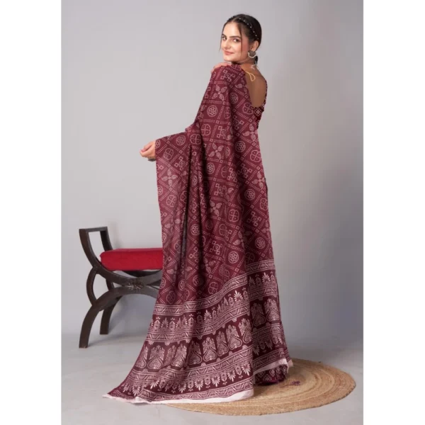Women's Cotton Ajrakh Printed Saree With Unstitched Blouse 5.5Mtr (Brown) - Image 2