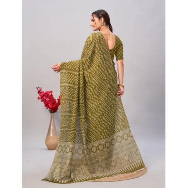 Women's Cotton Ajrakh Printed Saree With Unstitched Blouse 5.5Mtr (Green) - Image 2