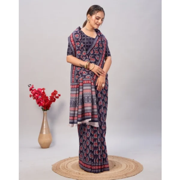Women's Cotton Ajrakh Printed Saree With Unstitched Blouse 5.5Mtr (Navy Blue) - Image 4