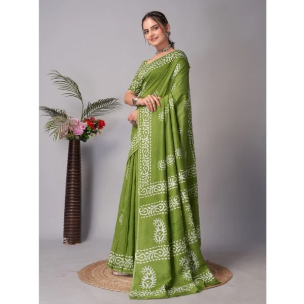 Women's Chanderi Cotton Batik Printed Saree With Unstitched Blouse 5.5Mtr (Green) - Image 2