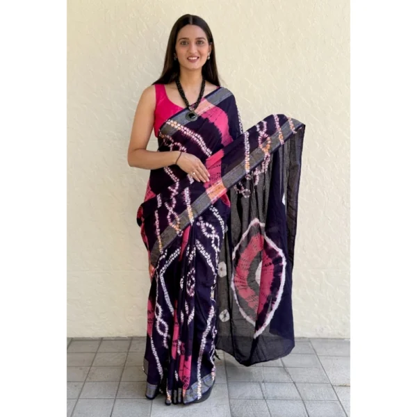 Women's Cotton Shibori Printed Saree With Unstitched Blouse 5.5Mtr (Blue)