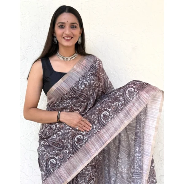 Women's Cotton Slub Printed Saree With Unstitched Blouse 5.5Mtr (Blue) - Image 3
