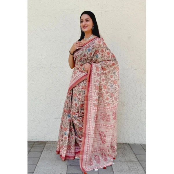 Women's Cotton Slub Printed Saree With Unstitched Blouse 5.5Mtr (Red) - Image 3