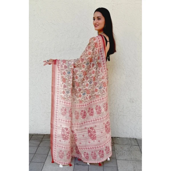 Women's Cotton Slub Printed Saree With Unstitched Blouse 5.5Mtr (Red) - Image 2
