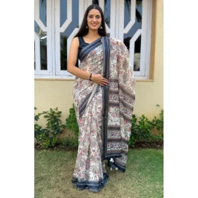 Women's Cotton Slub Printed Saree With Unstitched Blouse 5.5Mtr (Grey)