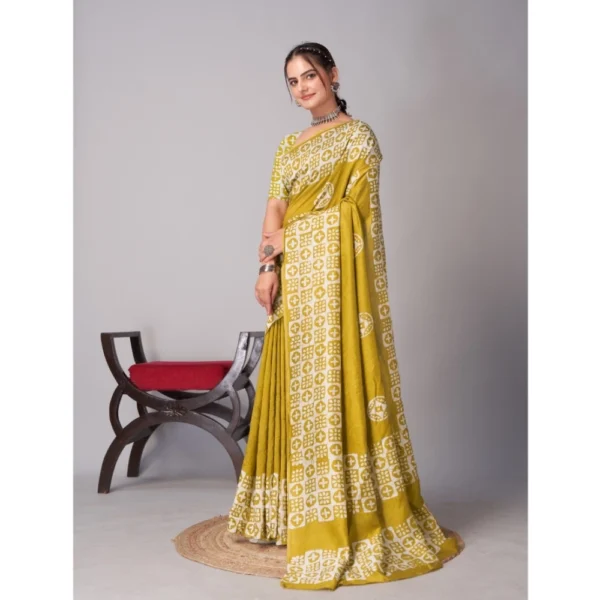 Women's Chanderi Cotton Batik Printed Saree With Unstitched Blouse 5.5Mtr (Mustard) - Image 4
