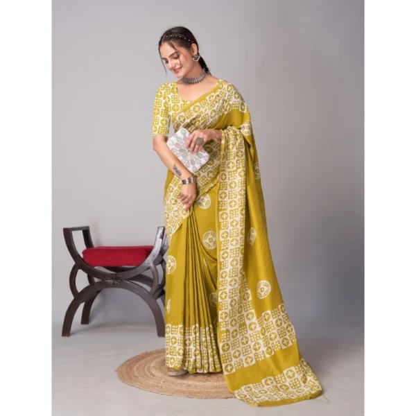Women's Chanderi Cotton Batik Printed Saree With Unstitched Blouse 5.5Mtr (Mustard) - Image 3
