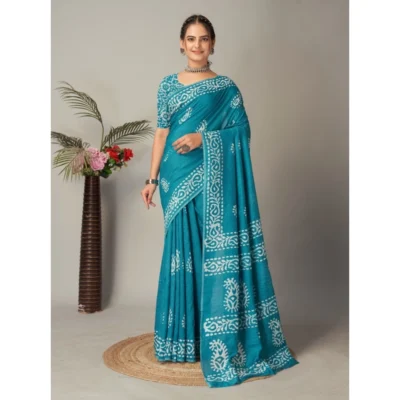 Women's Chanderi Cotton Batik Printed Saree With Unstitched Blouse 5.5Mtr (Sky Blue)