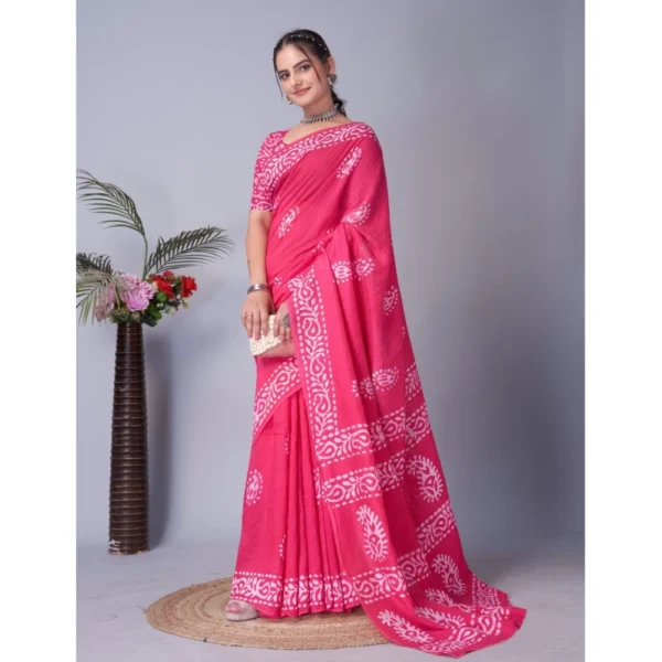 Women's Chanderi Cotton Batik Printed Saree With Unstitched Blouse 5.5Mtr (Pink) - Image 3