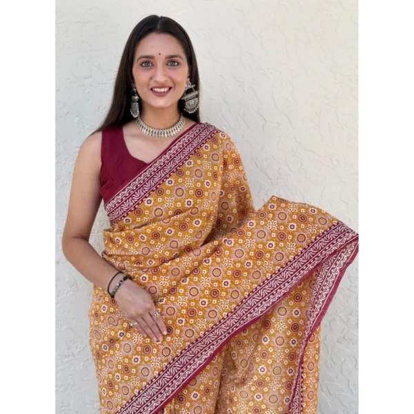 Women's Cotton Ajrakh Printed Saree With Unstitched Blouse 5.5Mtr (Mustard) - Image 4