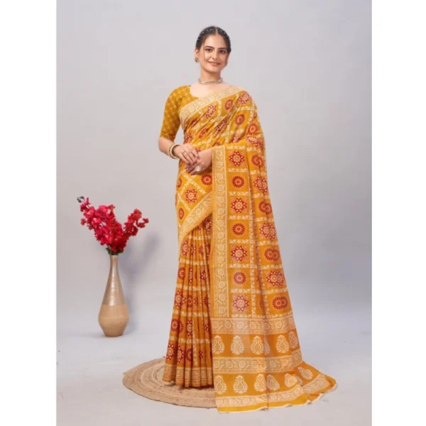 Women's Cotton Ajrakh Printed Saree With Unstitched Blouse 5.5Mtr (Mustard)