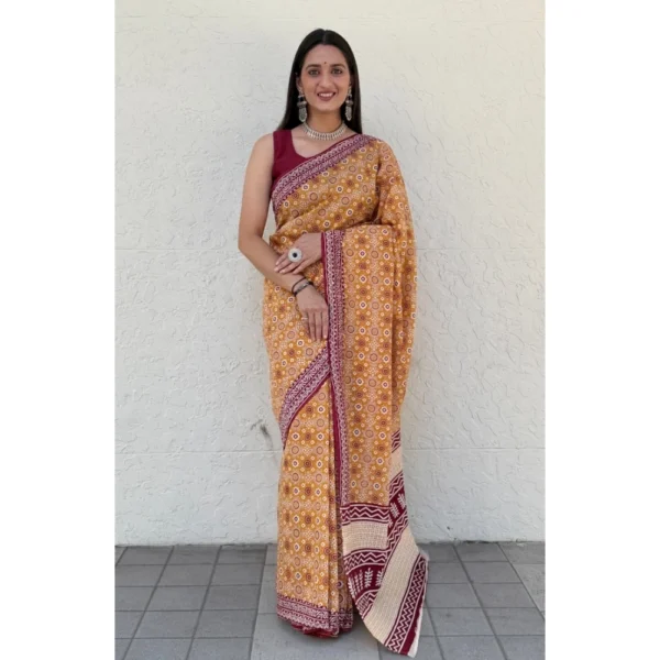 Women's Cotton Ajrakh Printed Saree With Unstitched Blouse 5.5Mtr (Mustard)