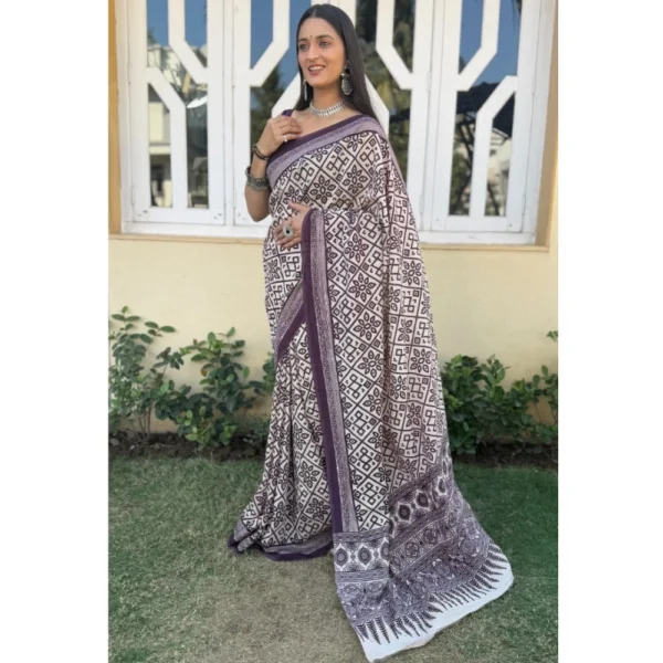 Women's Cotton Ajrakh Printed Saree With Unstitched Blouse 5.5Mtr (Purple) - Image 2