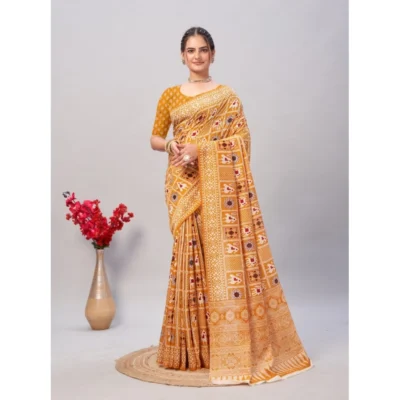Women's Cotton Ajrakh Printed Saree With Unstitched Blouse 5.5Mtr (Yellow)