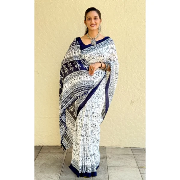 Women's Bhagalpuri Silk Warli Printed Saree With Unstitched Blouse 5.5Mtr (Blue) - Image 2
