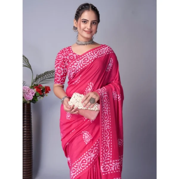 Women's Chanderi Cotton Batik Printed Saree With Unstitched Blouse 5.5Mtr (Pink) - Image 2