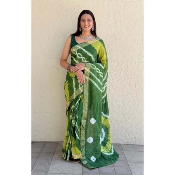 Women's Cotton Shibori Printed Saree With Unstitched Blouse 5.5Mtr (Green) - Image 4