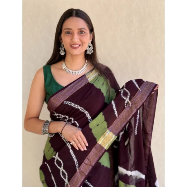 Women's Cotton Shibori Printed Saree With Unstitched Blouse 5.5Mtr (Coffee) - Image 2
