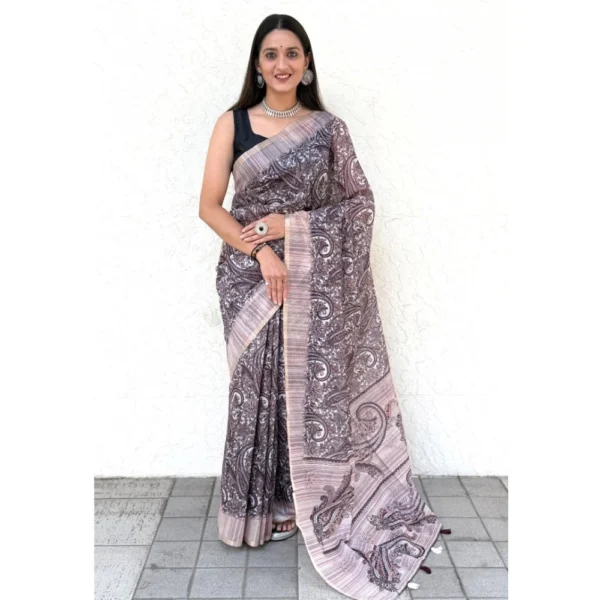Women's Cotton Slub Printed Saree With Unstitched Blouse 5.5Mtr (Blue) - Image 4