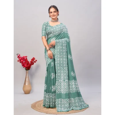 Women's Chanderi Cotton Batik Printed Saree With Unstitched Blouse 5.5Mtr (Pista)