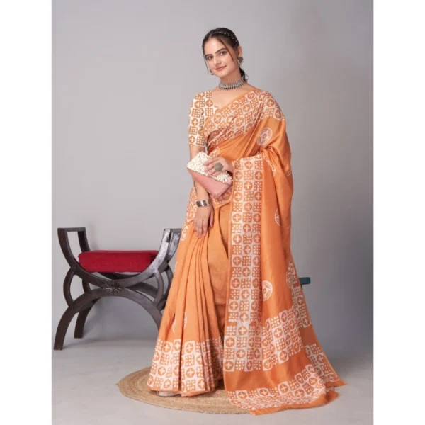 Women's Chanderi Cotton Batik Printed Saree With Unstitched Blouse 5.5Mtr (Orange) - Image 4