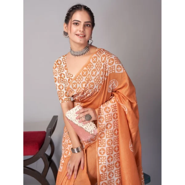 Women's Chanderi Cotton Batik Printed Saree With Unstitched Blouse 5.5Mtr (Orange) - Image 2