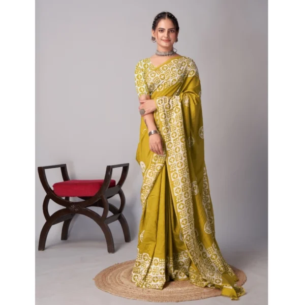 Women's Chanderi Cotton Batik Printed Saree With Unstitched Blouse 5.5Mtr (Mustard) - Image 2