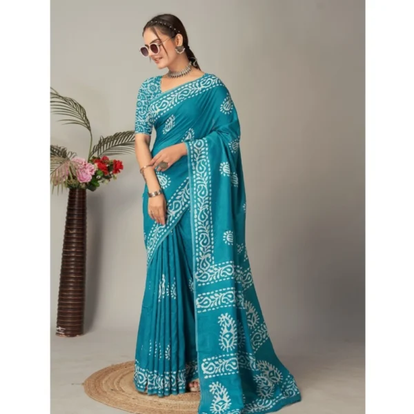 Women's Chanderi Cotton Batik Printed Saree With Unstitched Blouse 5.5Mtr (Sky Blue) - Image 3