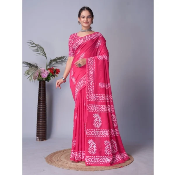 Women's Chanderi Cotton Batik Printed Saree With Unstitched Blouse 5.5Mtr (Pink)