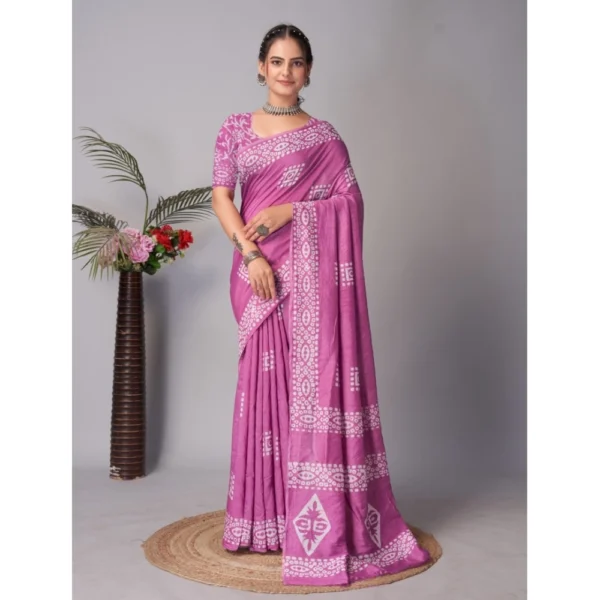 Women's Chanderi Cotton Batik Printed Saree With Unstitched Blouse 5.5Mtr (Purple)