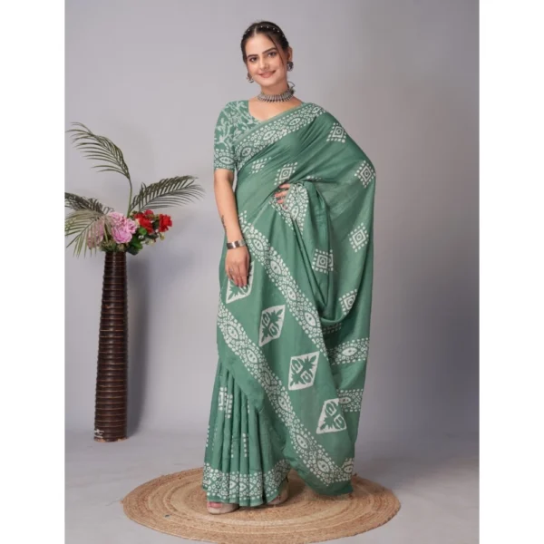 Women's Chanderi Cotton Batik Printed Saree With Unstitched Blouse 5.5Mtr (Green) - Image 2