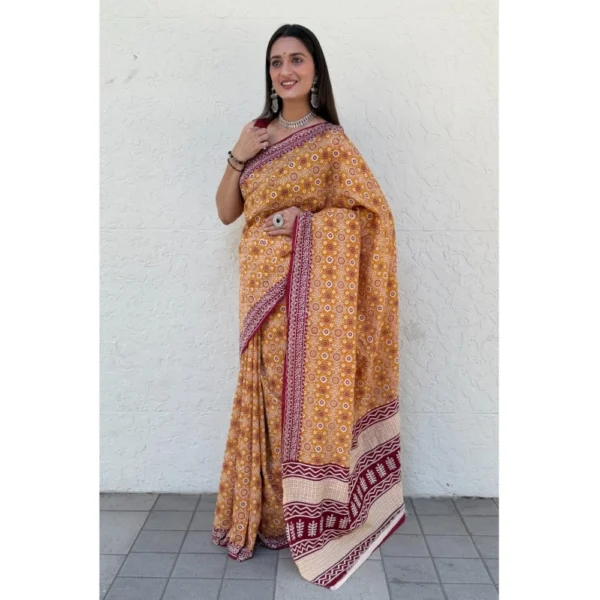 Women's Cotton Ajrakh Printed Saree With Unstitched Blouse 5.5Mtr (Mustard) - Image 2