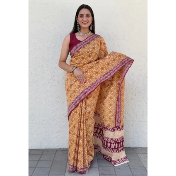 Women's Cotton Ajrakh Printed Saree With Unstitched Blouse 5.5Mtr (Mustard) - Image 3