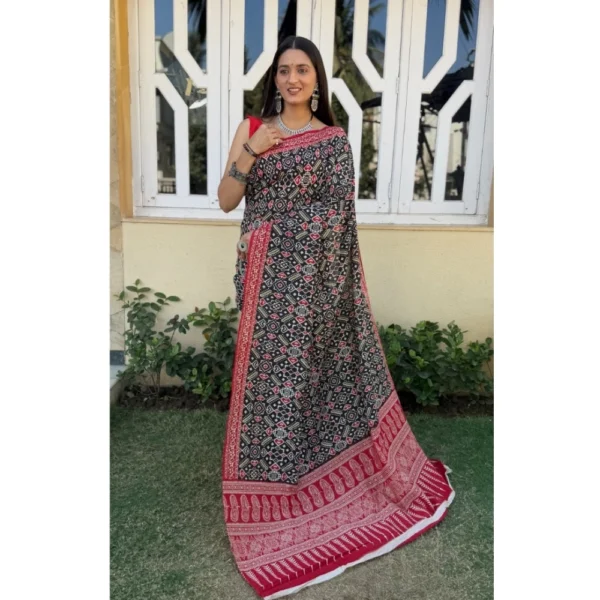 Women's Cotton Ajrakh Printed Saree With Unstitched Blouse 5.5Mtr (Black) - Image 3