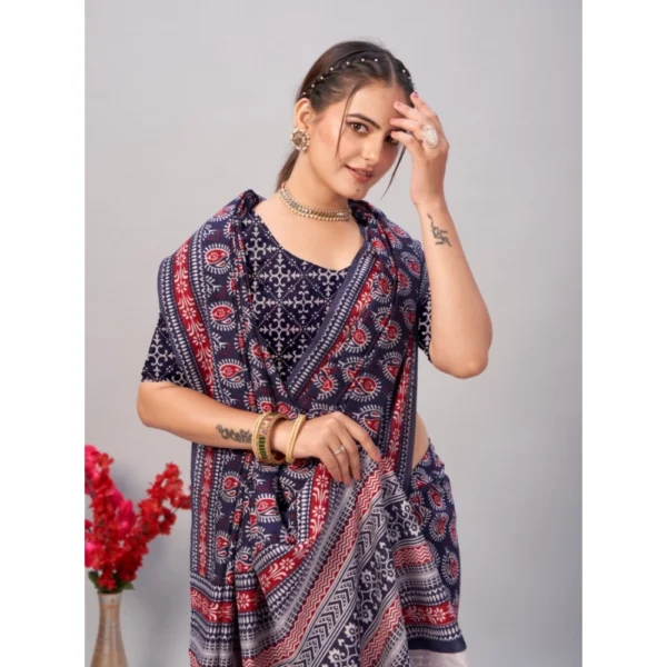 Women's Cotton Ajrakh Printed Saree With Unstitched Blouse 5.5Mtr (Navy Blue) - Image 3
