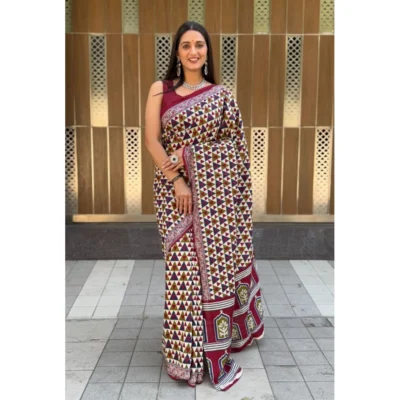 Women's Cotton Ajrakh Printed Saree With Unstitched Blouse 5.5Mtr (Multicolor)