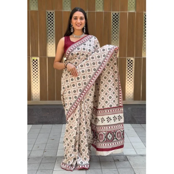 Women's Cotton Ajrakh Printed Saree With Unstitched Blouse 5.5Mtr (Multicolor) - Image 2