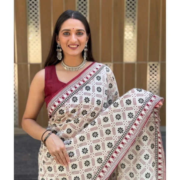 Women's Cotton Ajrakh Printed Saree With Unstitched Blouse 5.5Mtr (Multicolor) - Image 4