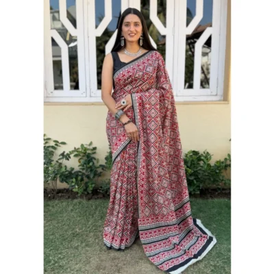 Women's Cotton Ajrakh Printed Saree With Unstitched Blouse 5.5Mtr (Multicolor)