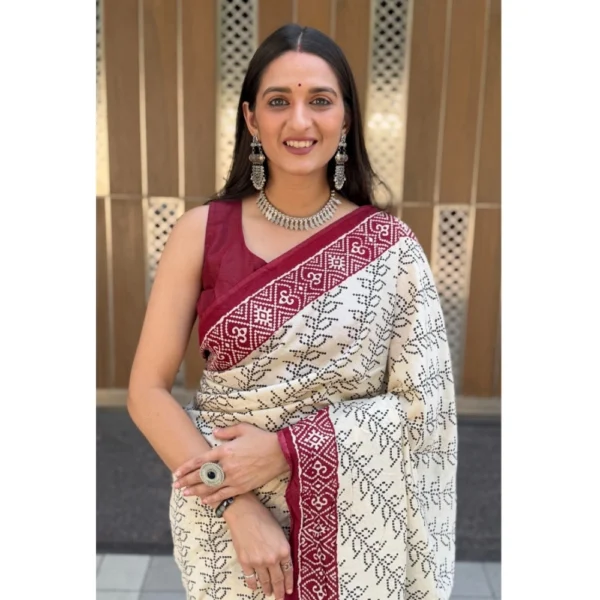 Women's Cotton Ajrakh Printed Saree With Unstitched Blouse 5.5Mtr (White) - Image 2