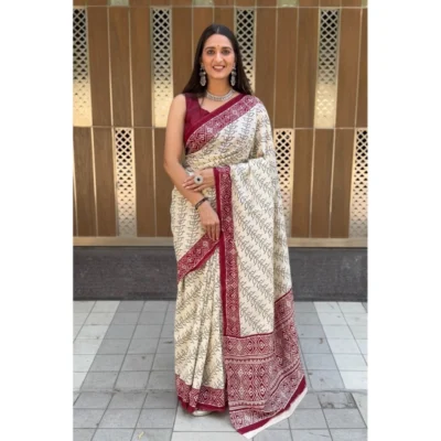 Women's Cotton Ajrakh Printed Saree With Unstitched Blouse 5.5Mtr (White)