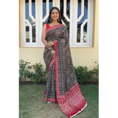 Women's Cotton Ajrakh Printed Saree With Unstitched Blouse 5.5Mtr (Black)