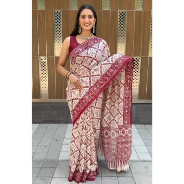 Women's Cotton Ajrakh Printed Saree With Unstitched Blouse 5.5Mtr (Red)